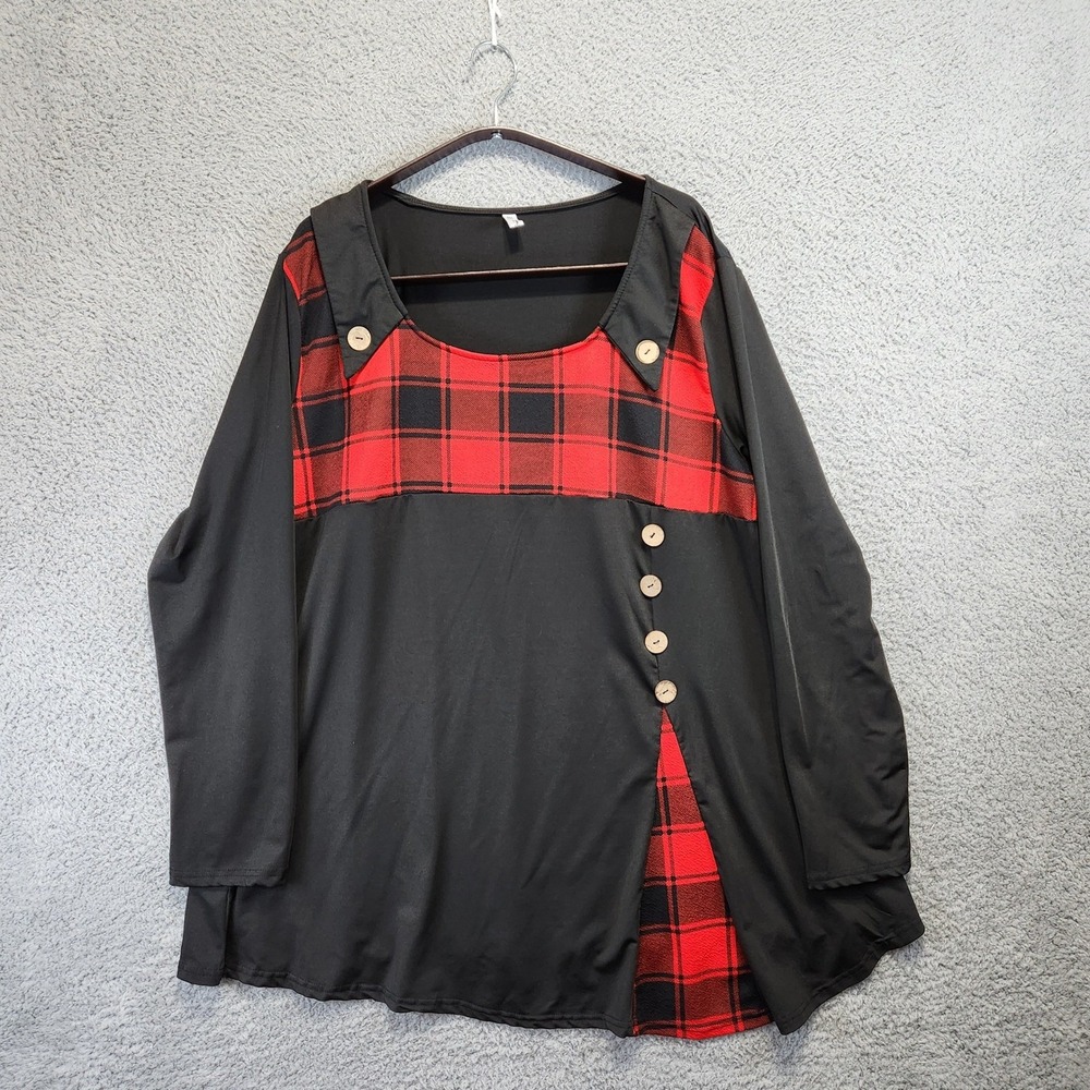 Rose gal Tunic Top Blouse Womens 3X (US 20) Red Black Plaid Long Sleeve Cute
